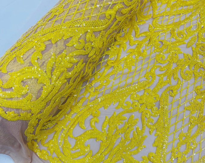 Yellow Sequin Fabrics on Nude Mesh - 4 Way Stretch Sequins Heart Pattern Damask with Fish Net Details on Mesh Sold By Yard