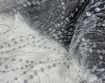 Silver Glitter on Mesh Lace Fabric By The Yard for Wedding Decor - Bridal/Prom - Shimmer, Glitter Fabricr - Luxury Sparkle Mesh