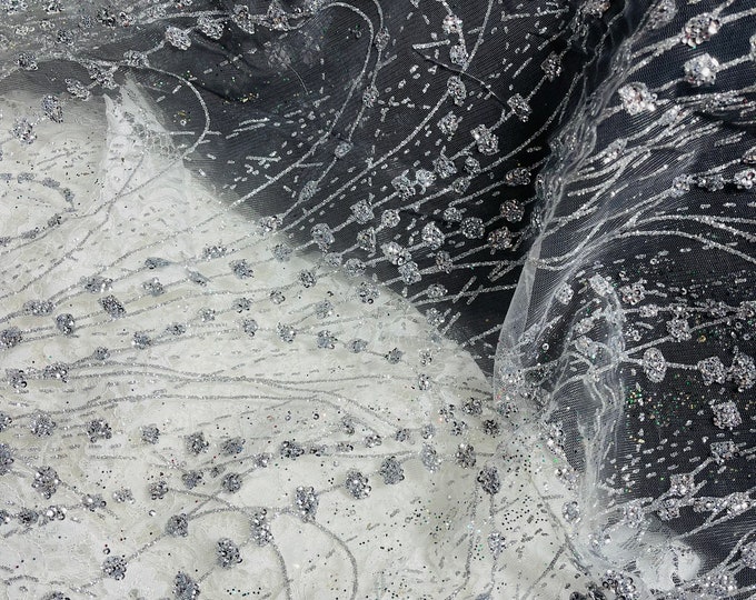 Silver Glitter on Mesh Lace Fabric By The Yard for Wedding Decor - Bridal/Prom - Shimmer, Glitter Fabricr - Luxury Sparkle Mesh