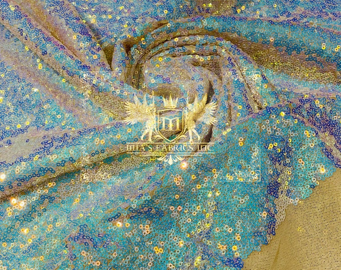 Aqua Blue Iridescent Mini Glitz Sequins on Light Nude Mesh 4 Way Stretch Sequin Fabric Dresses-Nightgowns-Prom Gown (Choose The Size)