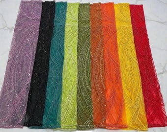 Orange Beaded Lace Fabric: Damask Sequin Appliqué, Bridal Wedding Prom