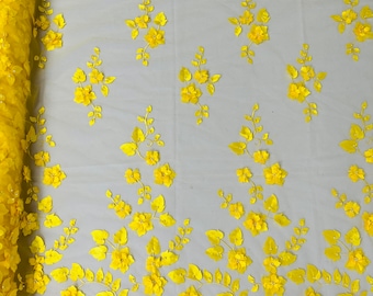 Yellow 3D Floral Design Embroider and Beaded With Pearls On a Mesh Lace-Prom-Dress By The Yard