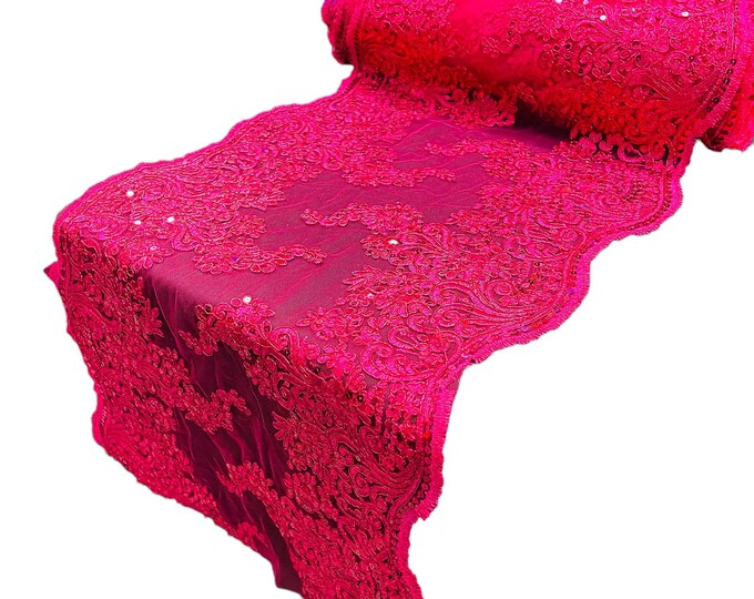14”Wide Metallic Fuchsia Floral Lace Fabric For Runner, by the yard - Embroidery With Sequins on a Mesh Lace Fabric For Applications