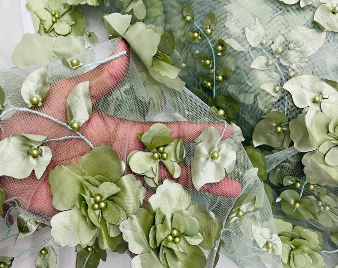 Sage Orquidia 3D Floral Design Embroider With Pearls On a Mesh Lace Fabric, Orquidia Big 3D Flower Lace Fabric | Prom-Dress By The Yard