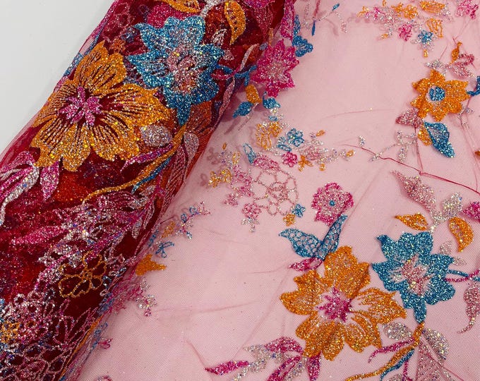 Burgundy Mesh Glitter Lace Fabric, Multi Color Floral Design, For Wedding Decor Bridal/Prom