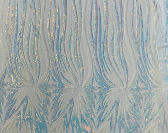 White/Blue Iridescent Sequins Fabric on White Mesh By The Yard | Angel Wings Design Embroidered With Sequin on a Mesh 4way Stretch-Prom-Gown