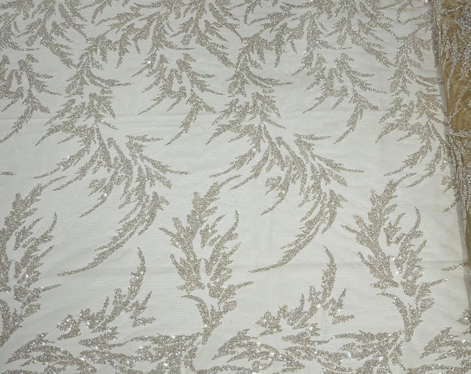 Clear Beaded Leaf Pattern Beaded Fabric by the yard (Pick a size ) Nude Mesh Embroidered Floral Beaded Wedding Bridal Fabric