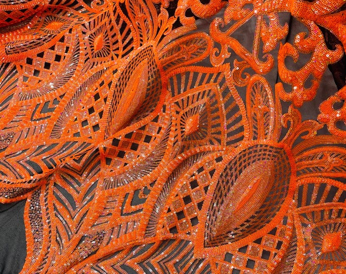 Orange Iridescent Sequins Fabric on Black Mesh, Orange Royalty Design on a Mesh 4way Stretch Sequin-Prom-Gown By The Yard