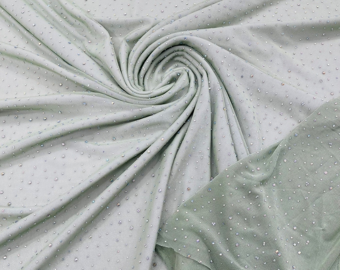 Sage Green | AB Rhinestones Fabric On Sage Power Mesh Polyester Spandex Fabric With Crystal Stones | AB Rhinestones Fabric sold by the yard