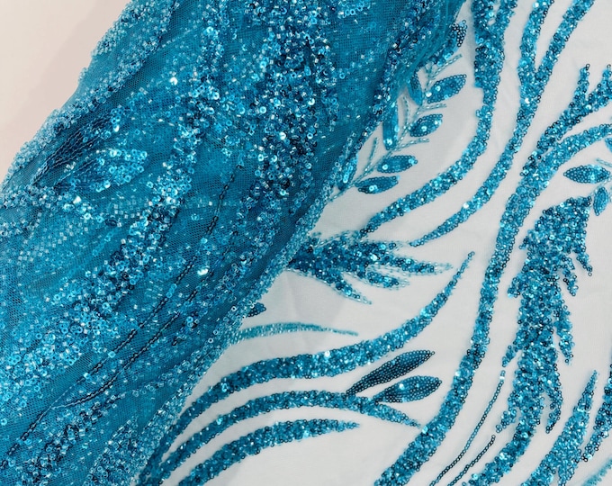 Turquoise Beaded Lace Fabric: Embroidered Leaf Pattern, Bridal Wedding Fabric