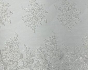 Ivory Floral Embroidered Lace Fabric: Scalloped Bridal Wedding Dress Lace