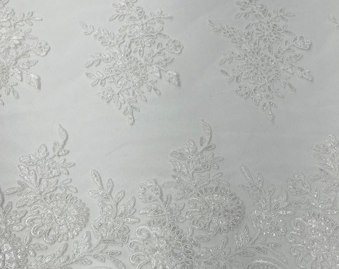 Ivory Lace Fabric | Flower Design Embroidered on Mesh Lace Fabric, Floral Bridal Lace Wedding Dress by the Yard (Pick a Size)