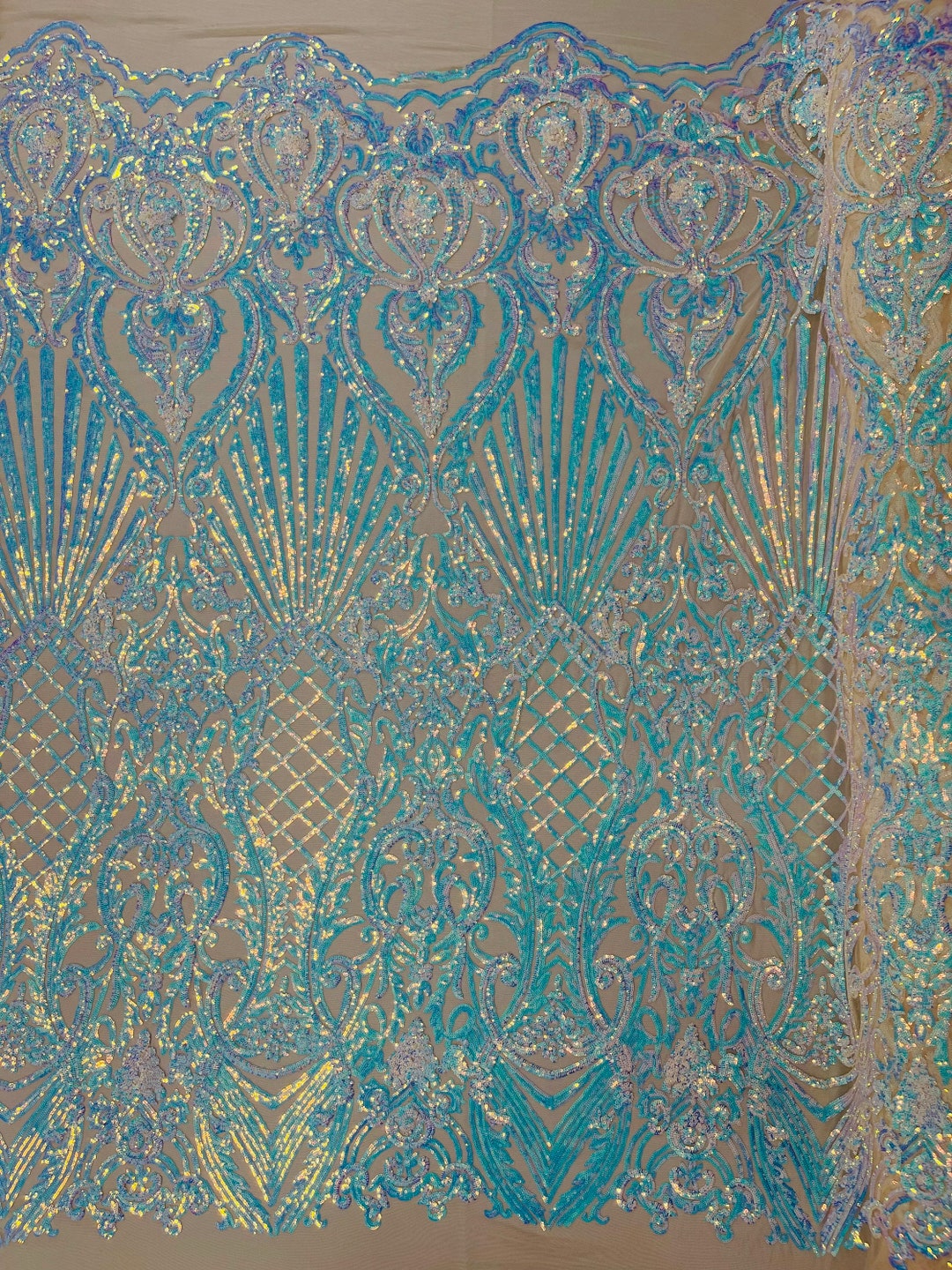 New Aqua iridescent shiny sequin damask design on a Nude 4 way stretch mesh-sold by the yard. main image 0