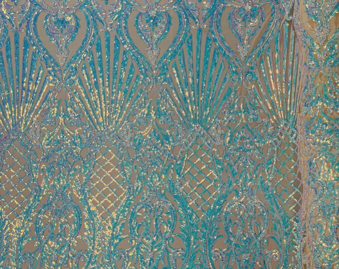 Aqua Iridescent Sequin Fabric, Nude Mesh Selena Damask Design on a 4 Way Stretch Sequin Lace Mesh - Prom Gala Gown Fabric By Yard