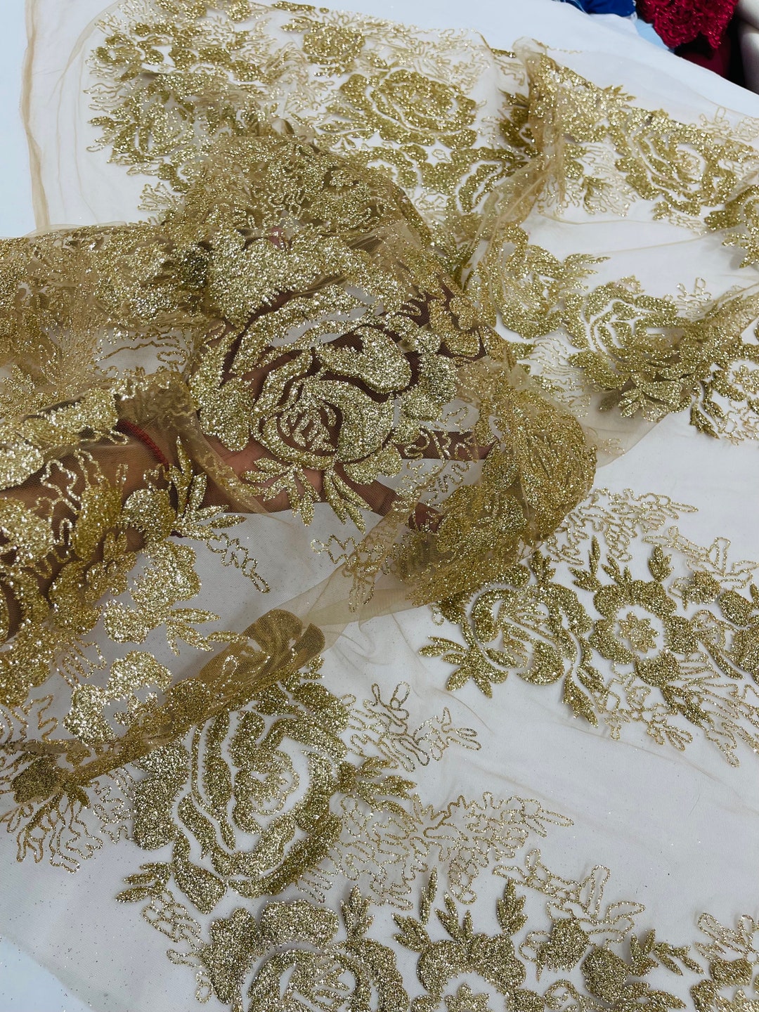 Champagne Flower Glitter Tulle Fabric | 3D Floral Mesh, Wedding Dress ...