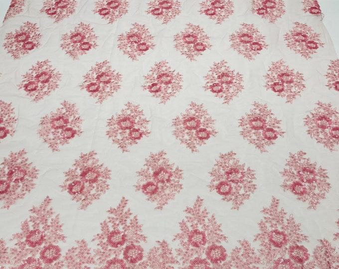 Pink Lace Fabric - by yard - Corded Flower Embroidery With Sequins on a Mesh Lace Fabric For Wedding-Bridal-Dress