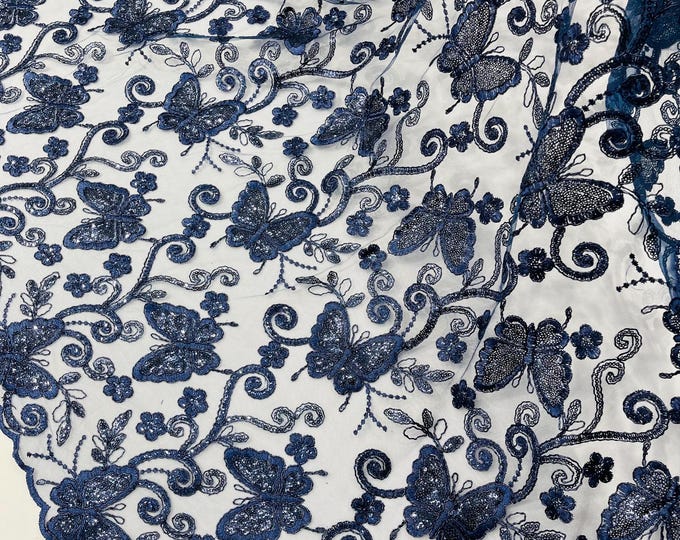 Navy Blue Butterfly Embroidered Lace Fabric with Metallic Thread & Sequins by yard