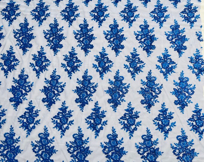 Royal Blue Floral Lace Fabric - by the yard - Embroidery With Sequins on a Mesh Lace Fabric For Wedding-Bridal