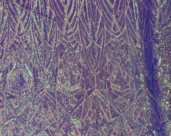 Lilac Iridescent Sequin Fabric- Geometric Design 4 Way Stretch Sequins Fabric Sold By The Yard