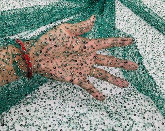 Hunter Green Beaded Sequin Mesh Lace Fabric, Rain Design Embroidery By The Yard