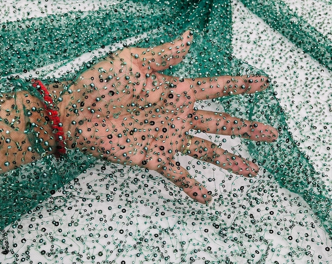 Hunter Green Beaded Sequin Mesh Lace Fabric, Rain Design Embroidery By The Yard