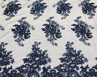 Navy Floral Embroidery Lace Fabric: Scalloped Edge Mesh, Bridal Gown