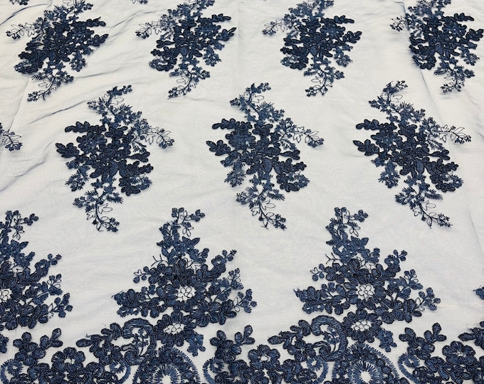 Navy Floral Lace Fabric, Embroidery on a Mesh Lace Fabric By The Yard For Gown, Wedding-Bridal-Dress