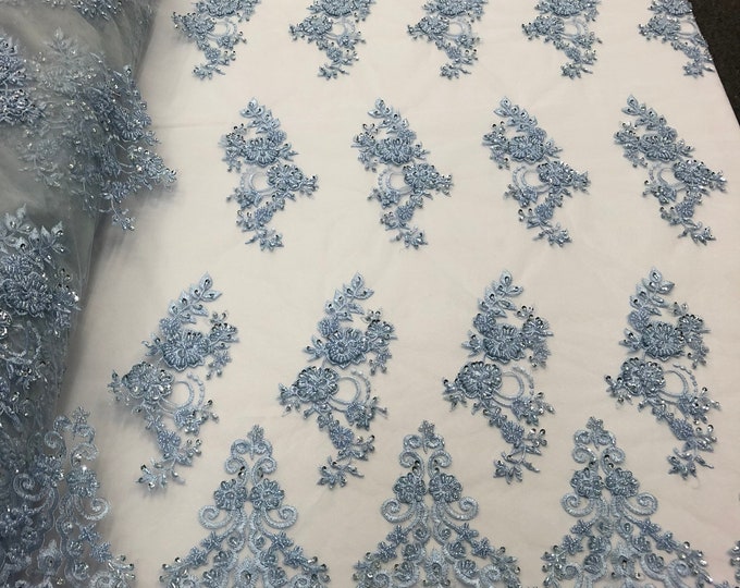 Baby Blue Floral Cluster Beaded Fabric - Embroidered Flower Beaded Fabric Wedding Bridal Sold By The Yard