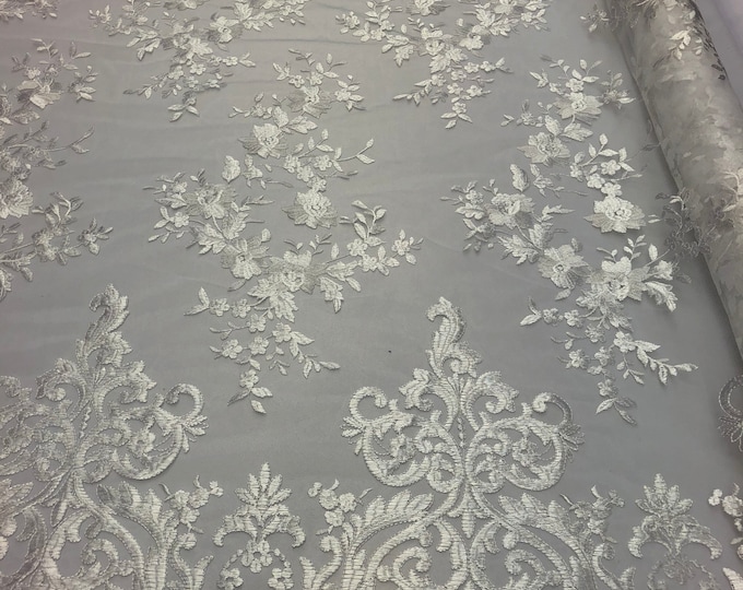 White Damask Design Embroidered on Mesh Lace Fabric, Floral Bridal Lace Wedding Dress by the Yard (Pick a Size)