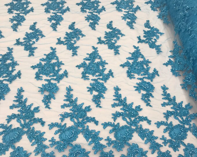 Turquoise Beaded Fabric, Cluster Bead Fabric Embroidered Flower Beaded Fabric Wedding Bridal Lace Fabric Sold By Yard