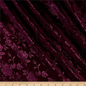 Burgundy Flower Brocade Jacquard Satin Fabric, Sold By The Yard Polyester Satin Floral Wide 58/60"  (Choose The Quantity)