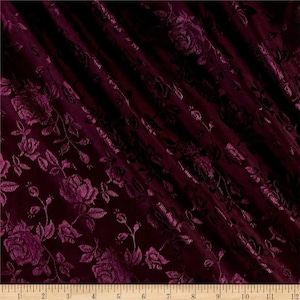 Burgundy Flower Brocade Jacquard Satin Fabric, Sold By The Yard Polyester Satin Floral Wide 58/60&quot;  (Choose The Quantity)