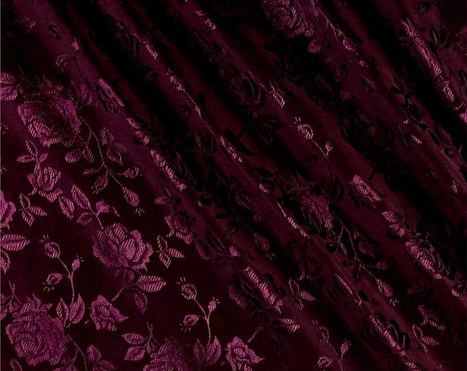 Burgundy Flower Brocade Jacquard Satin Fabric, Sold By The Yard Polyester Satin Floral Wide 58/60"  (Choose The Quantity)