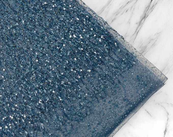 Coppen Blue Sparkling Glitter Beads Sequin Fabric, Wave Design Glitter Beads, Beaded Fabric Embroidered on a Mesh Lace Wedding Bridal Dress