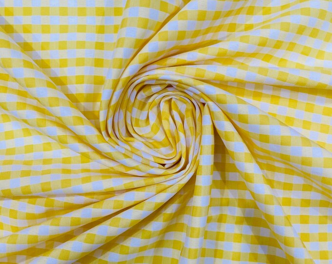 Yellow & White Gingham Poly Cotton Fabric by Yard 1/4” Squares, Checkered Fabric