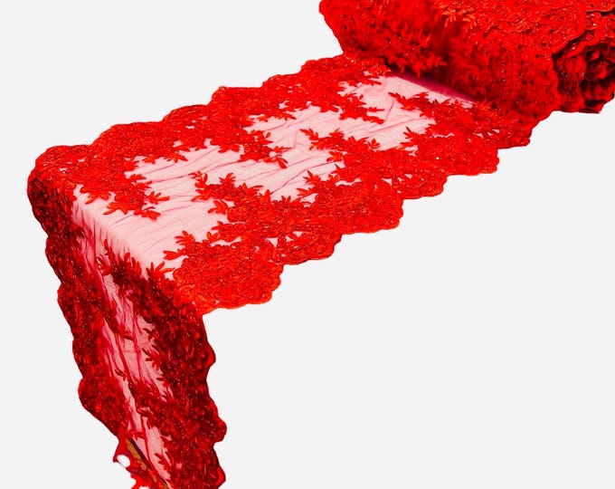 Red Metallic Floral Lace Fabric For Runner by the yard, 15" Wide Metallic Corded Lace Embroidery With Sequins on a Mesh Lace Fabric