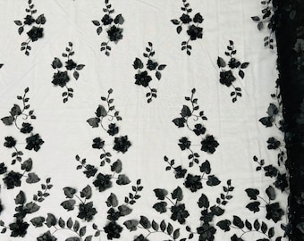 Black 3D Floral Design Embroider and Beaded With Pearls On a Mesh Lace-Prom-Dress By The Yard
