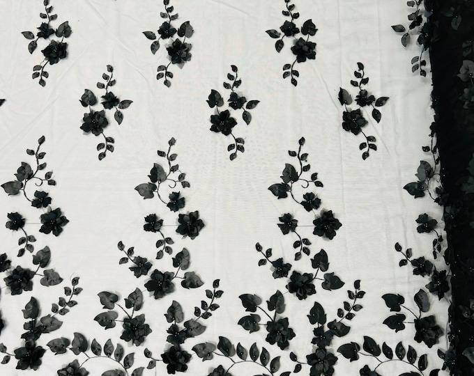 Black 3D Floral Design Embroider and Beaded With Pearls On a Mesh Lace-Prom-Dress By The Yard