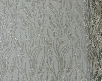 Silver Beaded Leaf Embroidered Fabric - Bridal Wedding Lace by the yard