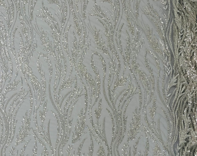 Silver Wavy Lines Leaf Pattern Beaded Fabric - Embroidered Line Beaded Wedding Bridal Fabric Sold By The Yard