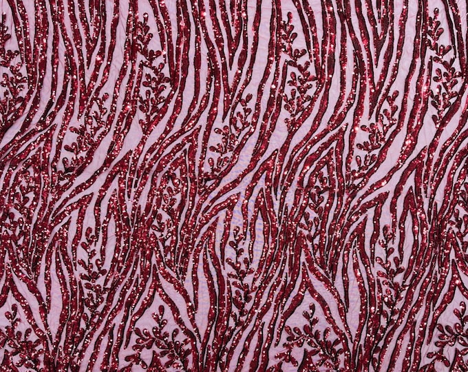 Burgundy Sequin Fabric 4 Way Stretch Fashion Design Sequins on Spandex Mesh Prom Gala Gown Fabric By The Yard