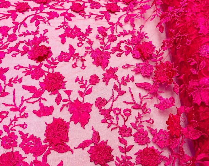 Fuchsia 3D Flower-Floral and Leaves Embroidery on a Mesh Lace Fabric , Floral Bridal Lace Wedding Dress By The Yard