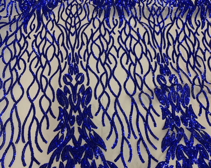 Royal Sequins Lace Fabric On Nude Mesh, DAMASK Design Embroidered On a Mesh 4 way Stretch Sequin By The Yard -Prom-Gown ( Choose The Size )