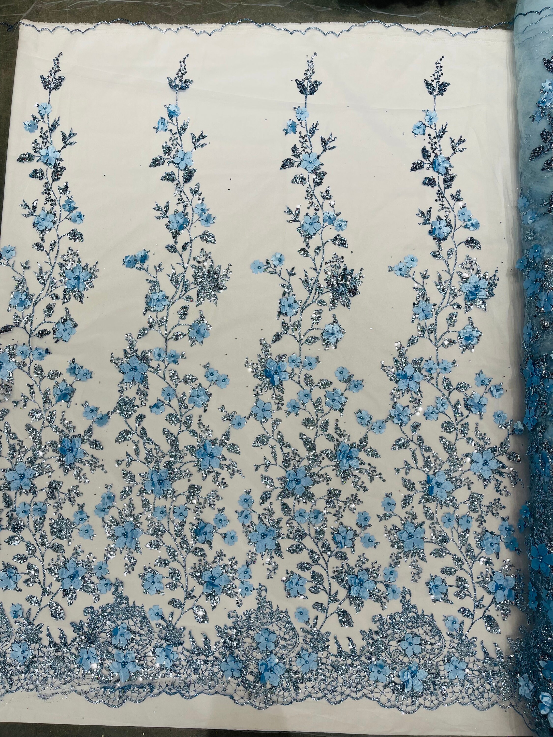 Baby Blue 3D Flower Sequin Fabric, Glitter Floral Mesh, Wedding Dress ...