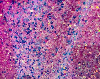 Iridescent Clear Sequin on Pink Stretch Velvet With Luxury Sequins all Over 5mm Shining Sequins 2-way Stretch 58/60” (Choose The Size)