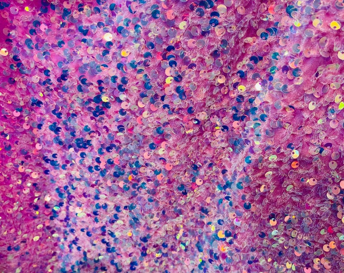 Iridescent Clear Sequin on Pink Stretch Velvet With Luxury Sequins all Over 5mm Shining Sequins 2-way Stretch 58/60” (Choose The Size)