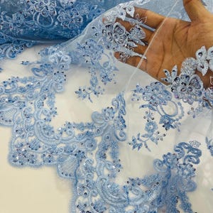 Baby Blue Embroidery Beaded Fabric With Sequin on a Mesh, Baby Blue Beaded Fabric Floral Bridal Lace Fabric by the yard