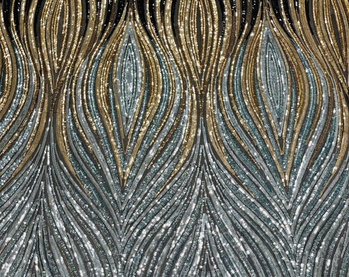 Three Tone Feather Fabric - Black/Gold/Silver - Wavy Feather Sophia Design 4 Way Stretch Embroidered Sequins By Yard