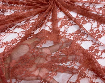 Burnt Orange Floral Lace Fabric - 4-Way Stretch Spandex Mesh, Sold by the Yard