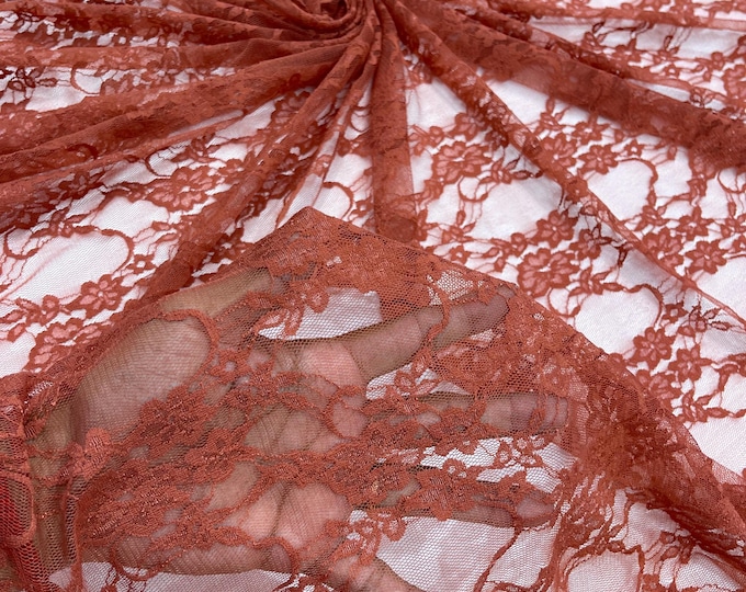 Burnt Orange Floral Lace Fabric - 4-Way Stretch Spandex Mesh, Sold by the Yard